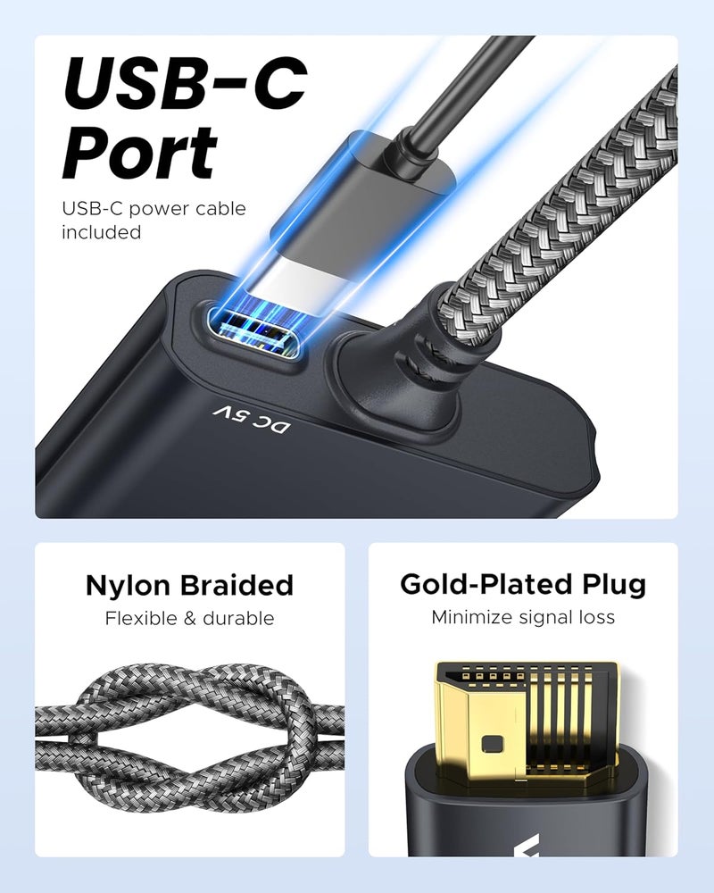 Warrky موزع HDMI 4K، 1x2 تكرار/مرآة عرض HDMI، موزع HDMI 1 في 2 خارج [هيكل معدني، كابل HDMI مضفر بطول 3.3 قدم، مؤشرات LED]، موزع يعمل بالطاقة USB-C، أسود-4K@60Hz HDR - Image 5